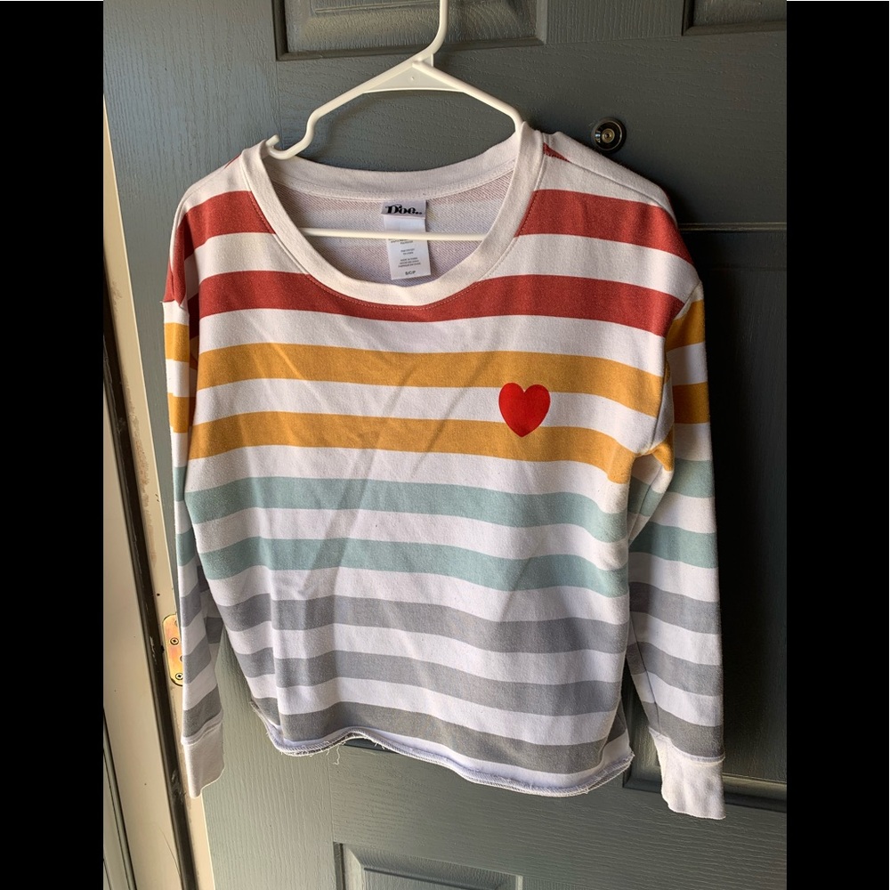 Long sleeve striped super cute top w/heart design.Small. Intentional fraying.